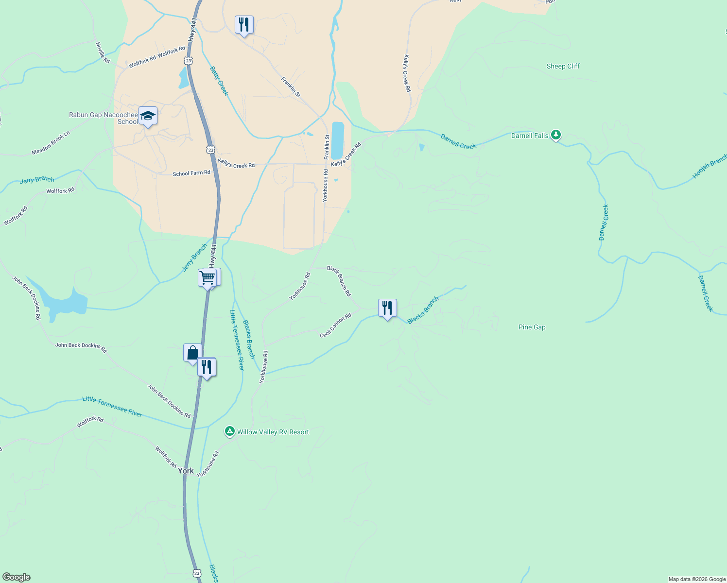 map of restaurants, bars, coffee shops, grocery stores, and more near 174 Mountainside Drive in Rabun Gap