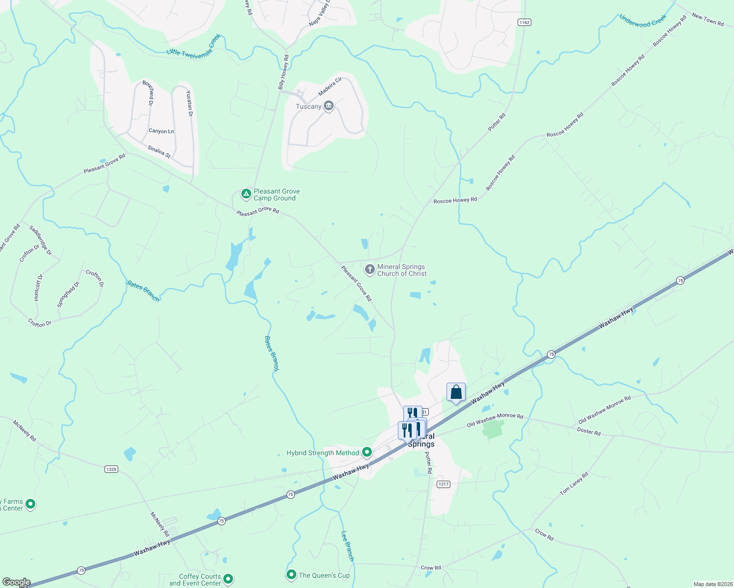 map of restaurants, bars, coffee shops, grocery stores, and more near 4604 Pleasant Grove Road in Waxhaw