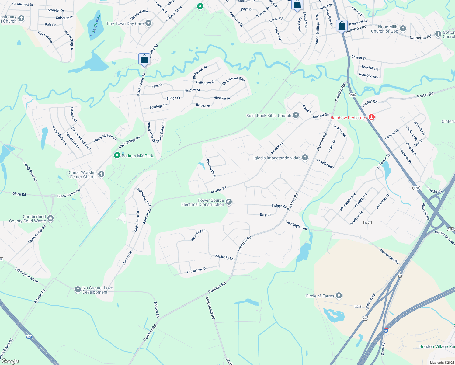 map of restaurants, bars, coffee shops, grocery stores, and more near 5966 Muscat Road in Hope Mills