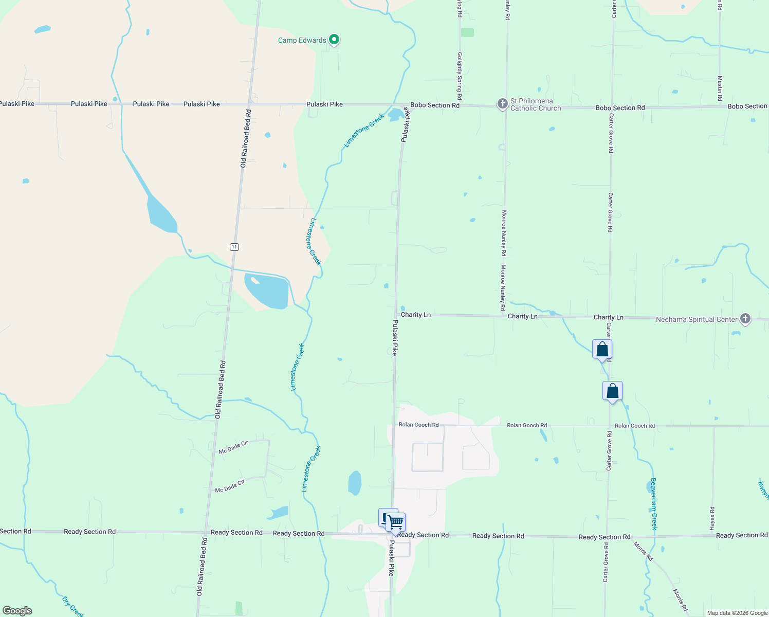 map of restaurants, bars, coffee shops, grocery stores, and more near 12313 Pulaski Pike in Toney