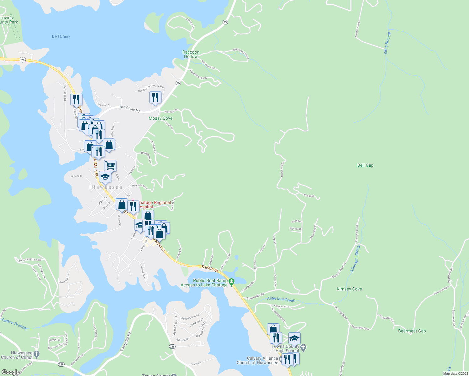 map of restaurants, bars, coffee shops, grocery stores, and more near 336 Mountain Drive North in Hiawassee