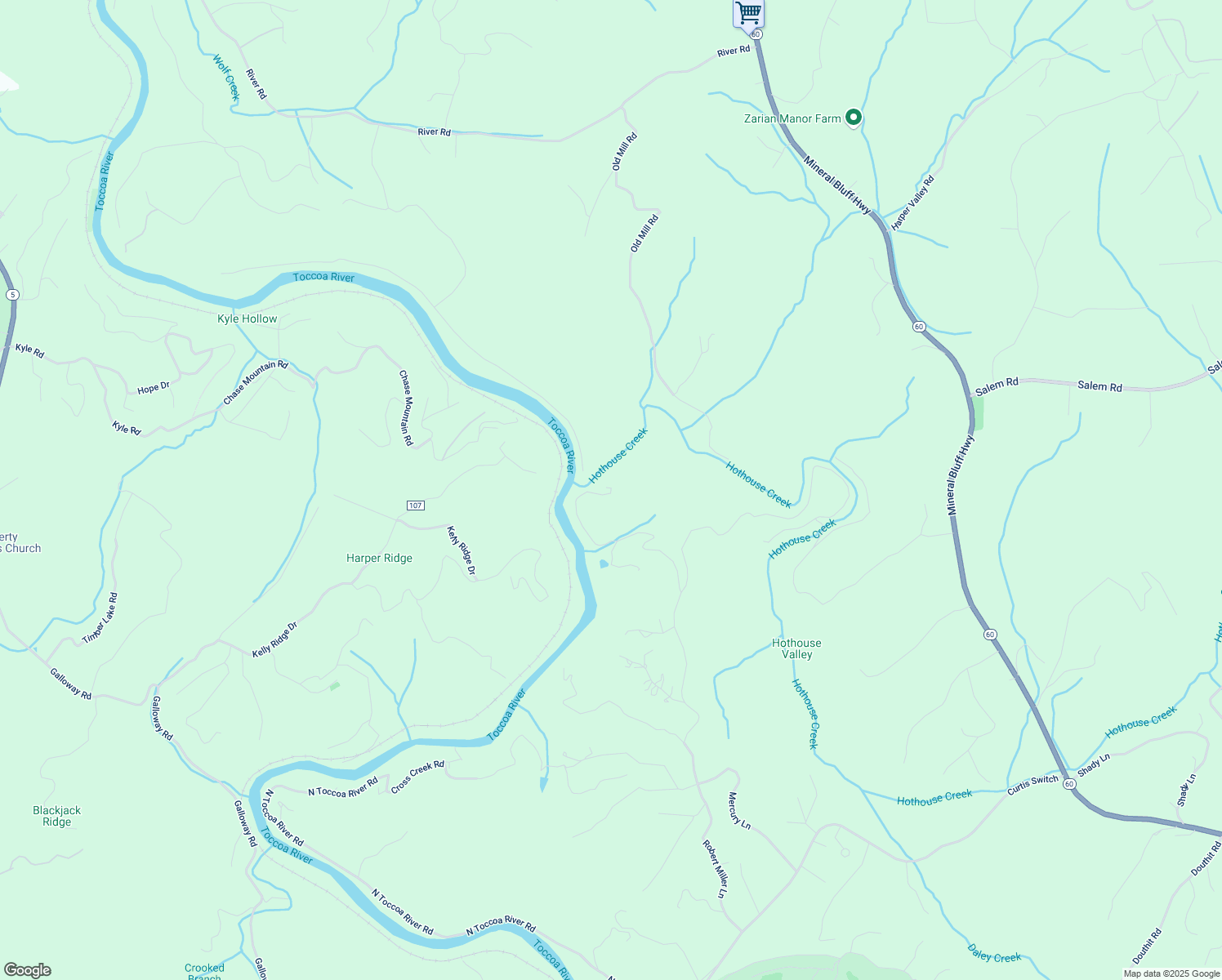 map of restaurants, bars, coffee shops, grocery stores, and more near 721 Toccoa Camp Trail in Mineral Bluff