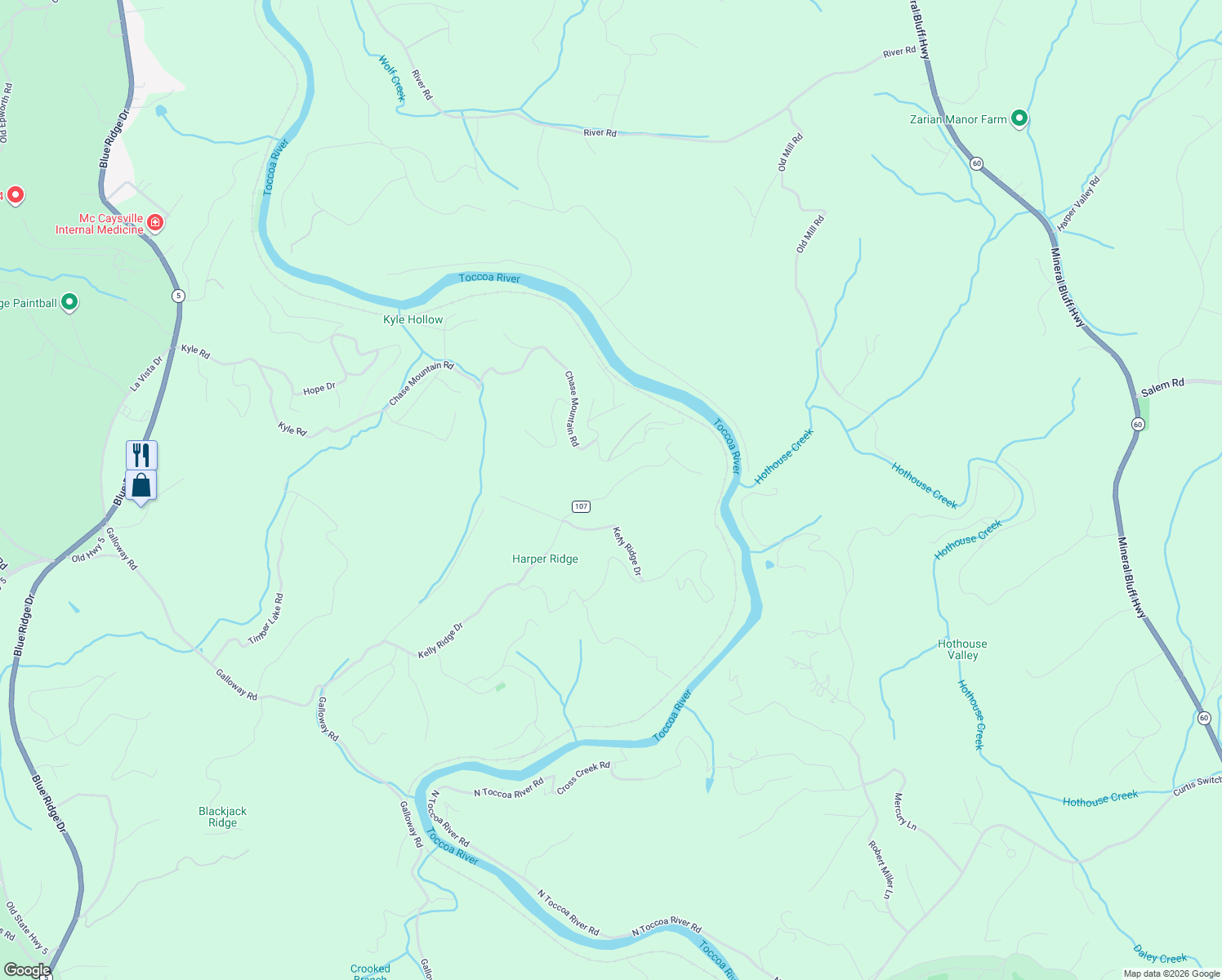 map of restaurants, bars, coffee shops, grocery stores, and more near 205 Curtis Ridge in Blue Ridge