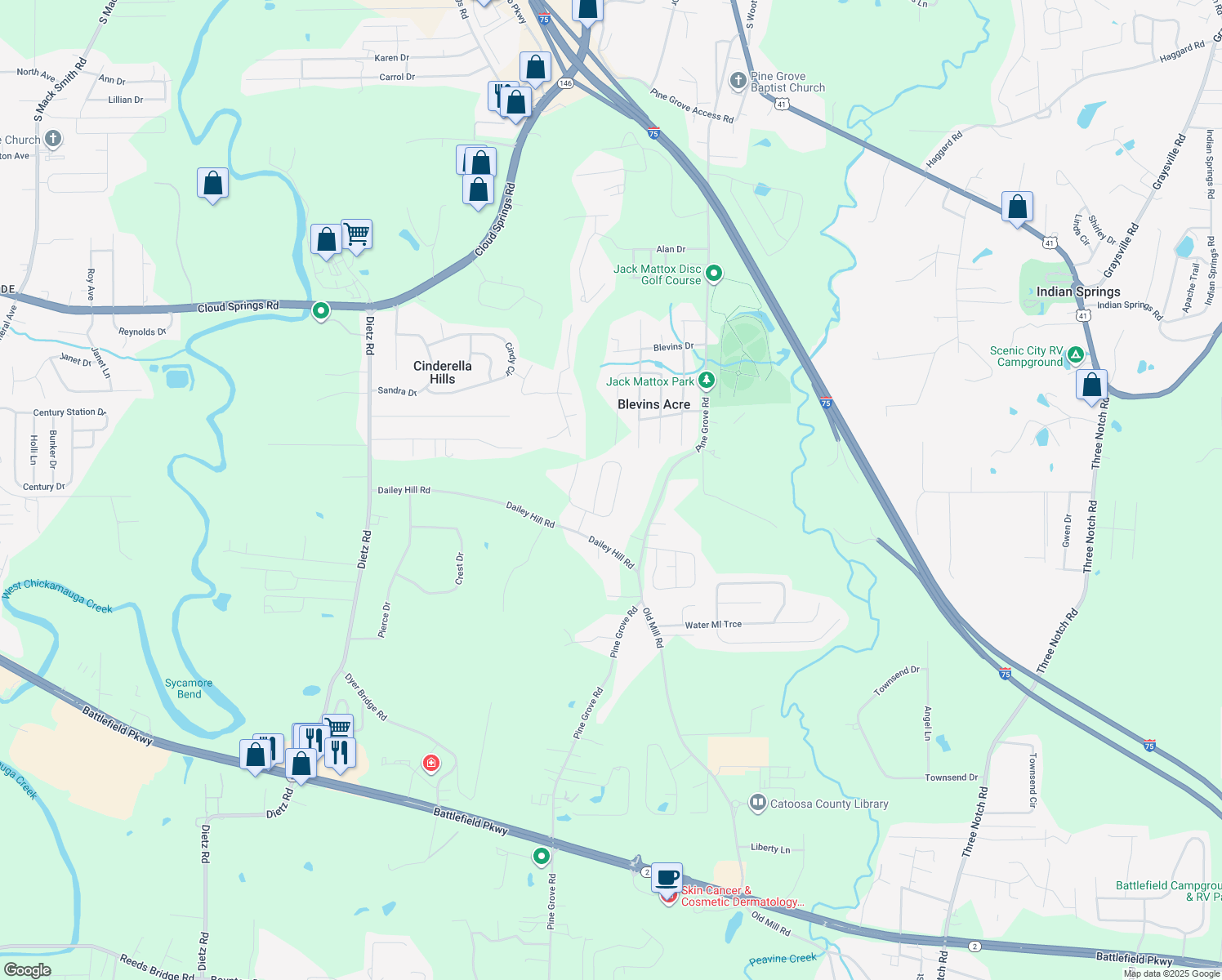 map of restaurants, bars, coffee shops, grocery stores, and more near 296 Dailey Hill Circle in Ringgold