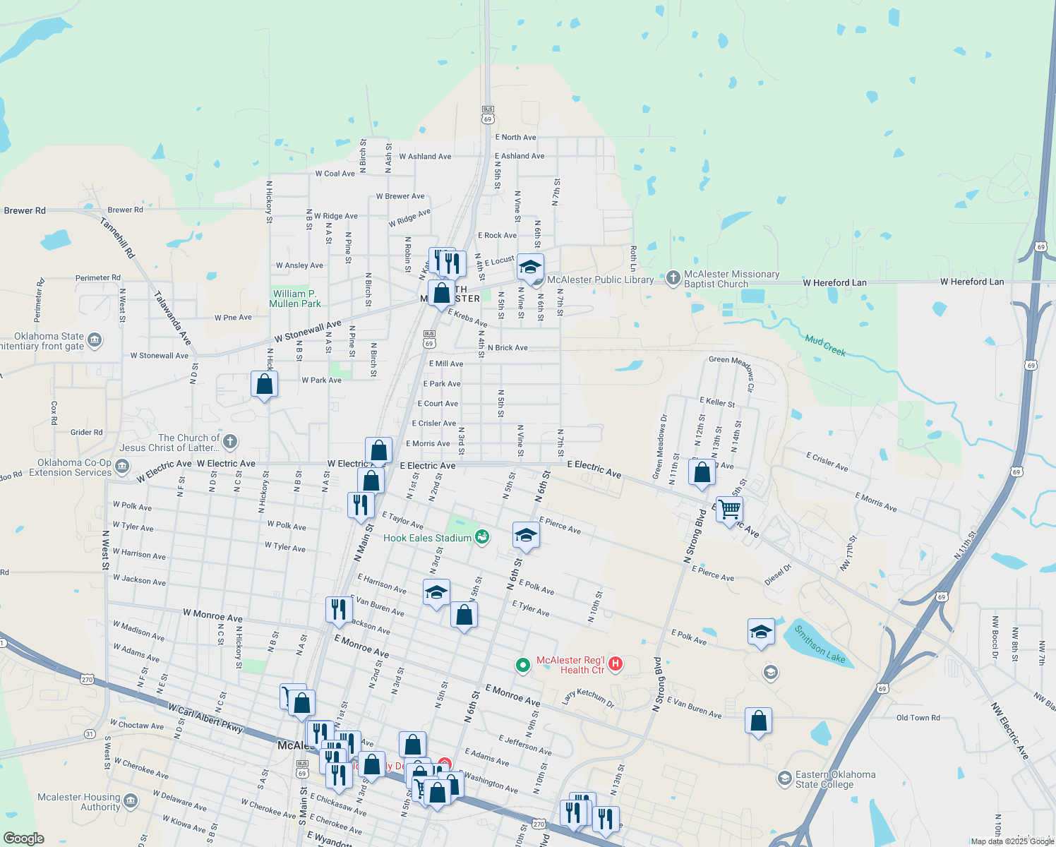 map of restaurants, bars, coffee shops, grocery stores, and more near 605 E Crisler Ave in McAlester