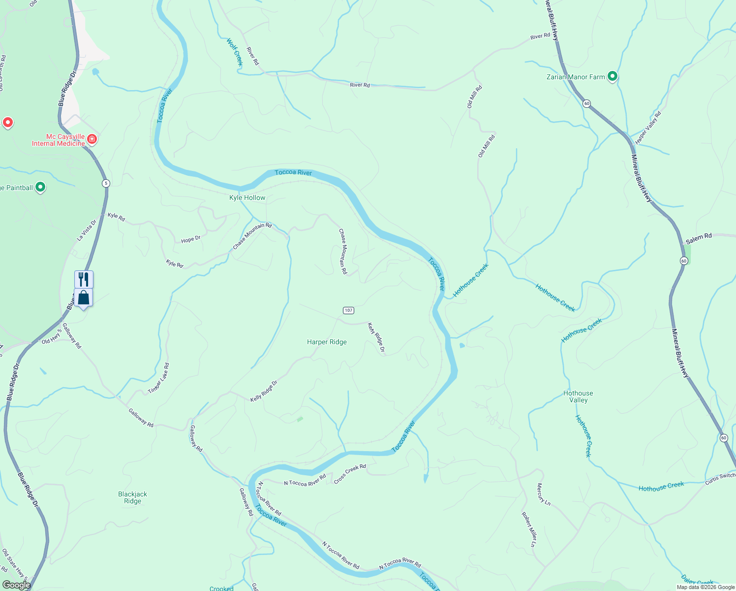map of restaurants, bars, coffee shops, grocery stores, and more near 205 Curtis Ridge in Blue Ridge