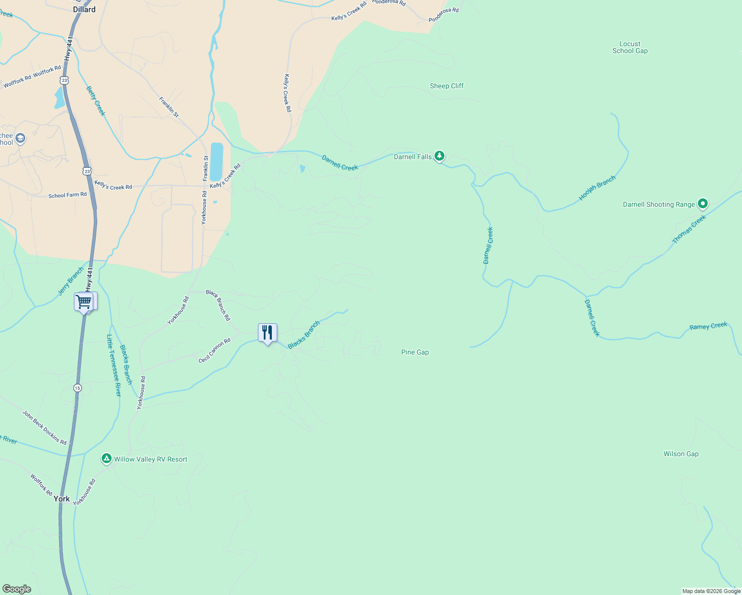map of restaurants, bars, coffee shops, grocery stores, and more near 182 Blueberry Lane in Rabun Gap