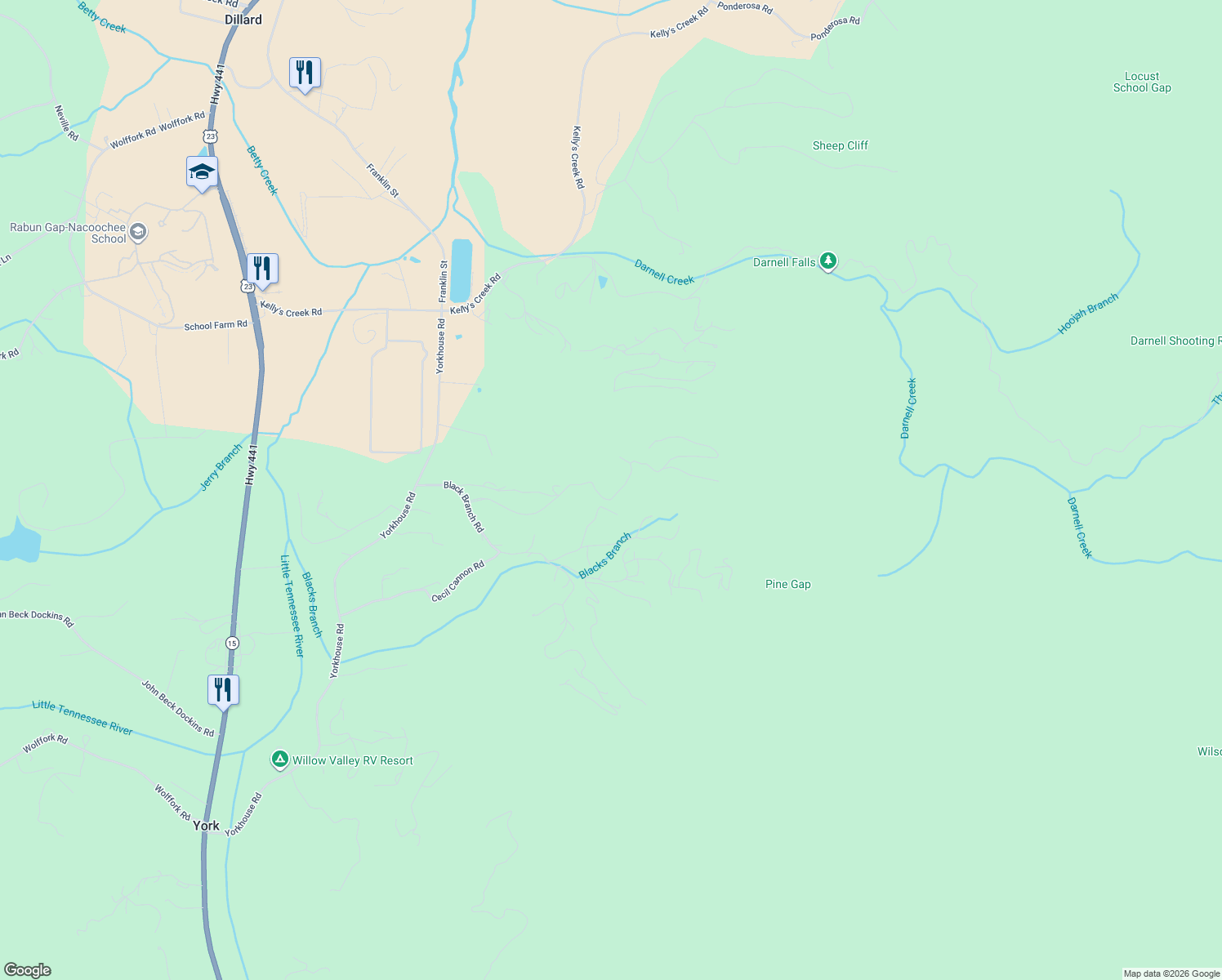 map of restaurants, bars, coffee shops, grocery stores, and more near 521-637 Mountainside Drive in Rabun