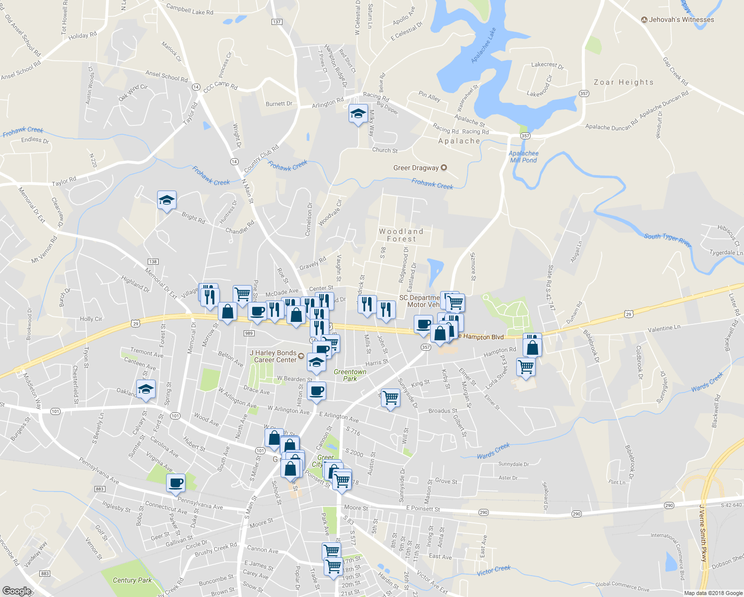 map of restaurants, bars, coffee shops, grocery stores, and more near 305 John Street in Greer