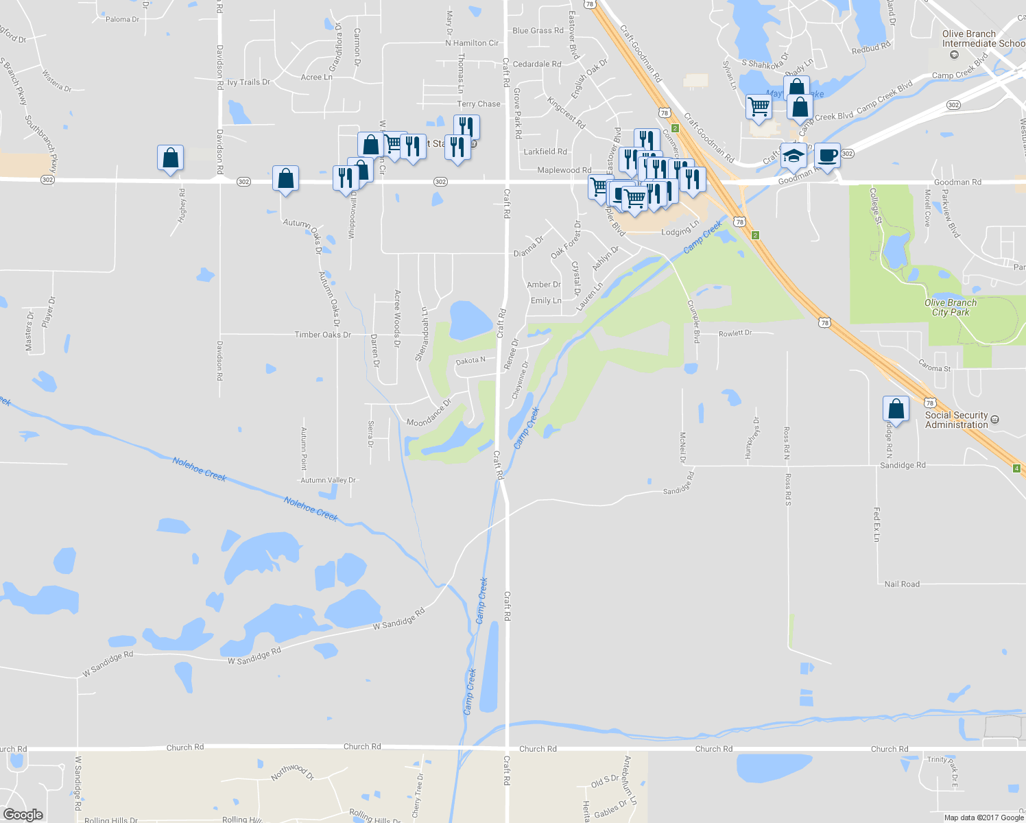 map of restaurants, bars, coffee shops, grocery stores, and more near 6234 Cheyenne Drive in Olive Branch