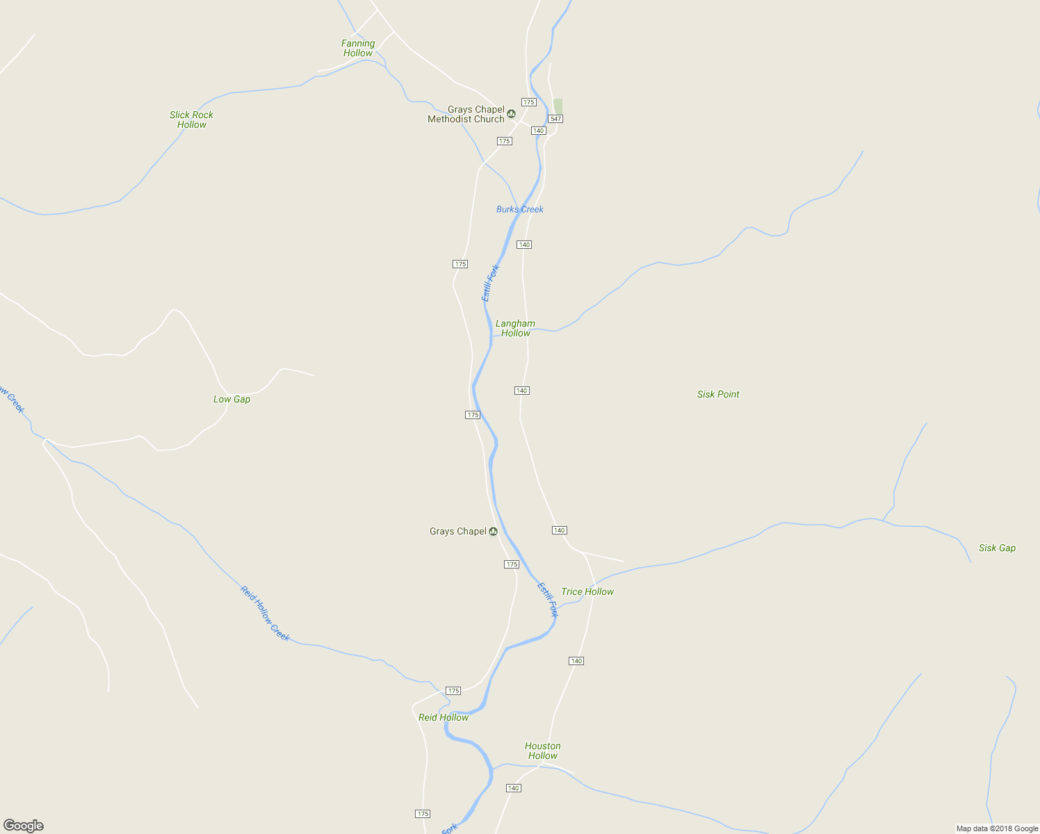 map of restaurants, bars, coffee shops, grocery stores, and more near County Road 140 in Estillfork