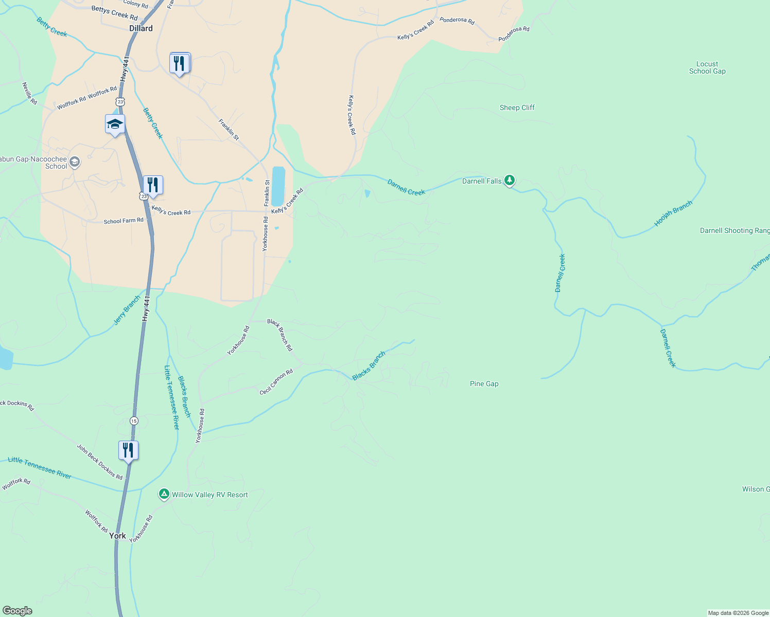 map of restaurants, bars, coffee shops, grocery stores, and more near 637 Mountainside Drive in Rabun Gap