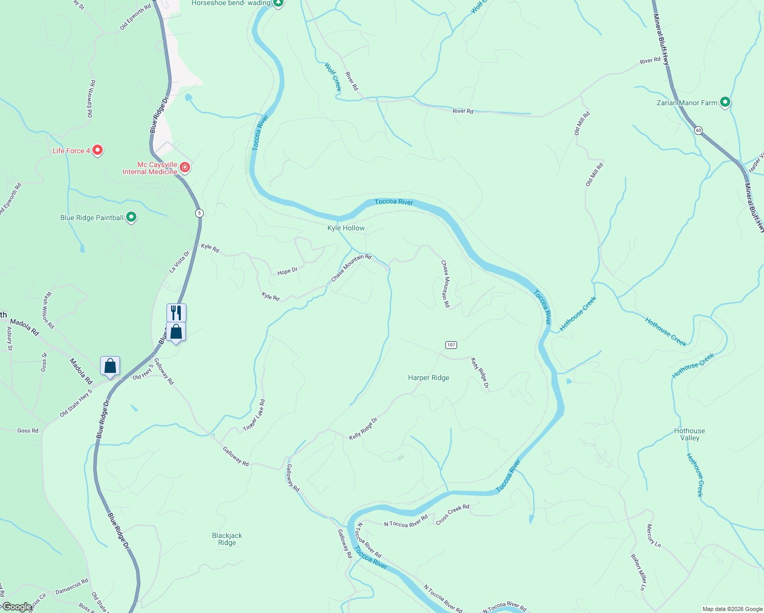 map of restaurants, bars, coffee shops, grocery stores, and more near 212 Pine Forest Loop in Blue Ridge
