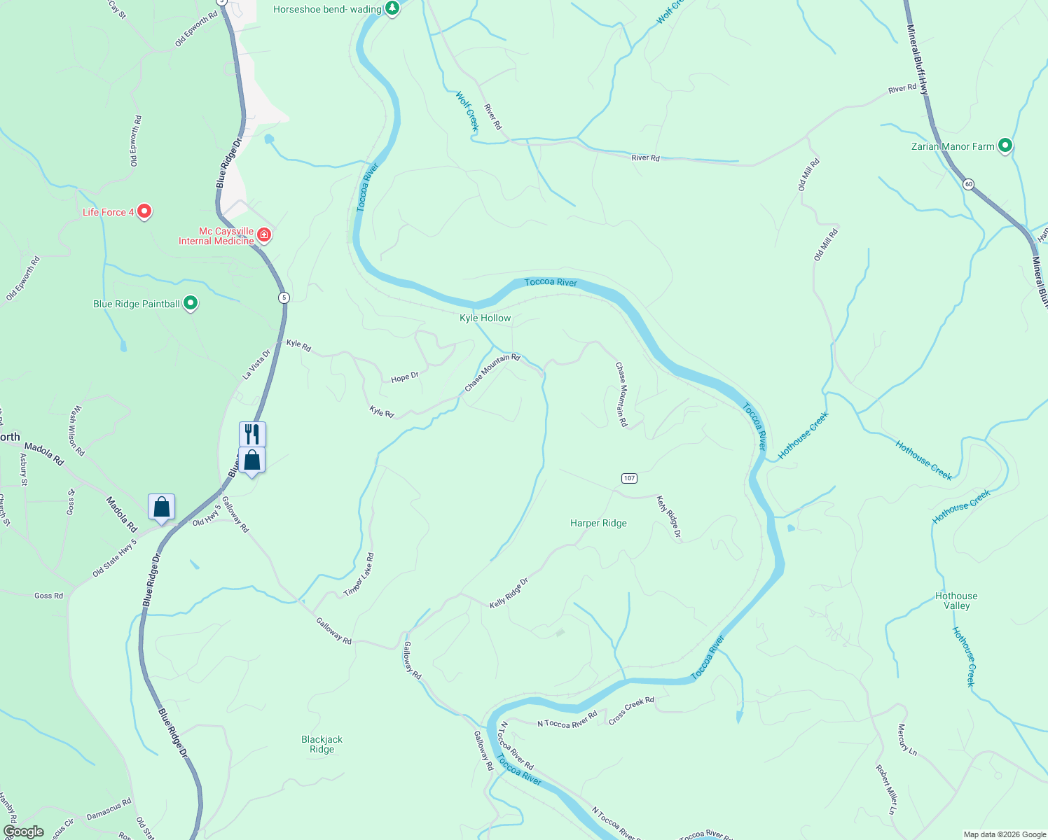 map of restaurants, bars, coffee shops, grocery stores, and more near 212 Pine Forest Loop in Blue Ridge