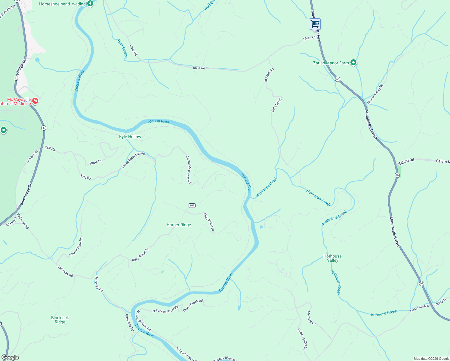 map of restaurants, bars, coffee shops, grocery stores, and more near 180 River Heights Road in Blue Ridge