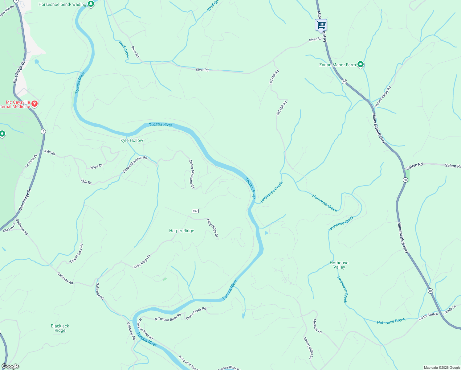 map of restaurants, bars, coffee shops, grocery stores, and more near 180 River Heights Road in Blue Ridge