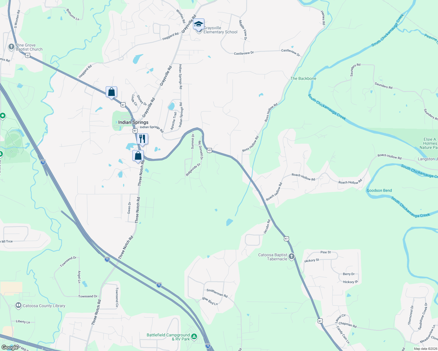 map of restaurants, bars, coffee shops, grocery stores, and more near 132 Boofer Road in Ringgold