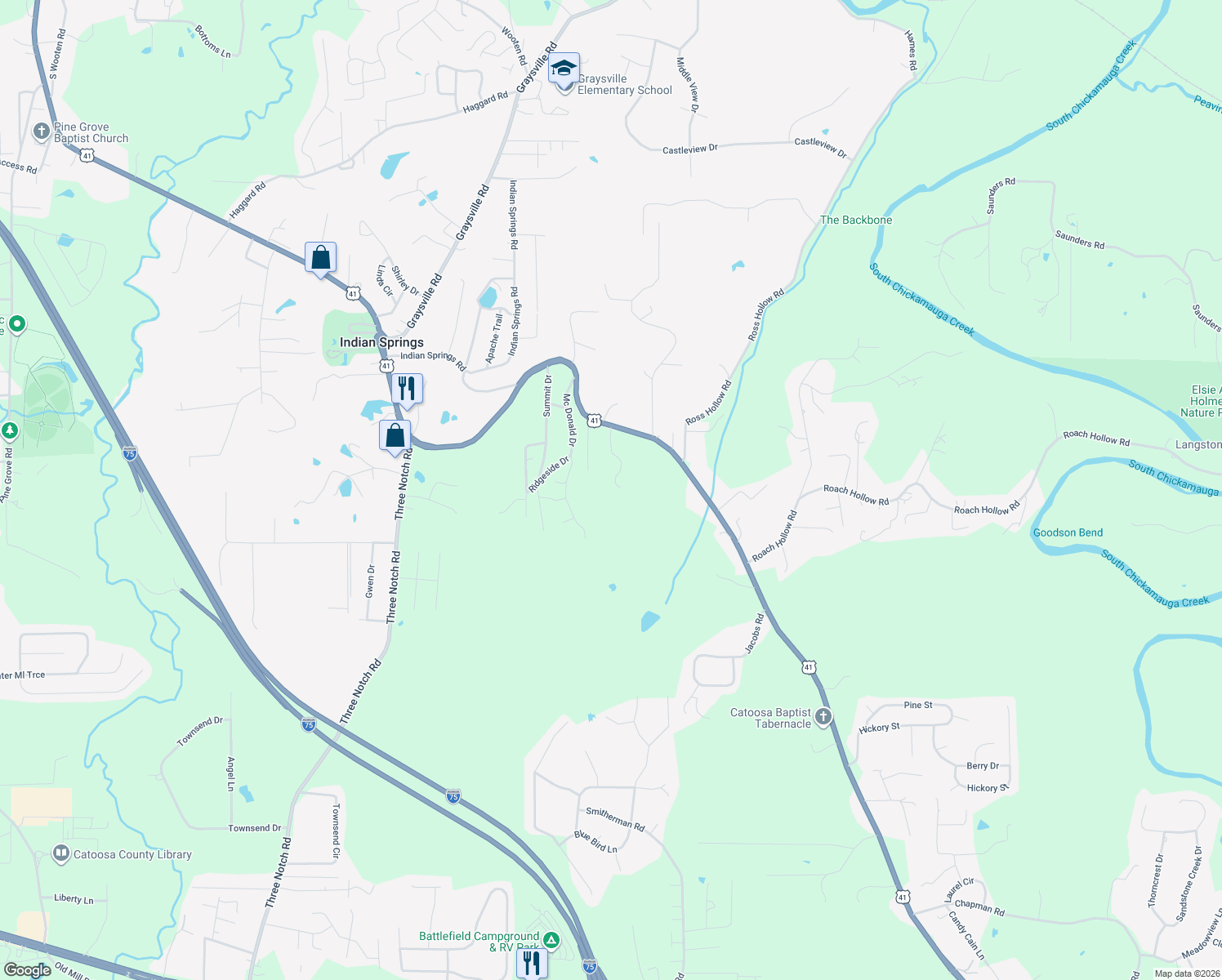 map of restaurants, bars, coffee shops, grocery stores, and more near 132 Boofer Road in Ringgold