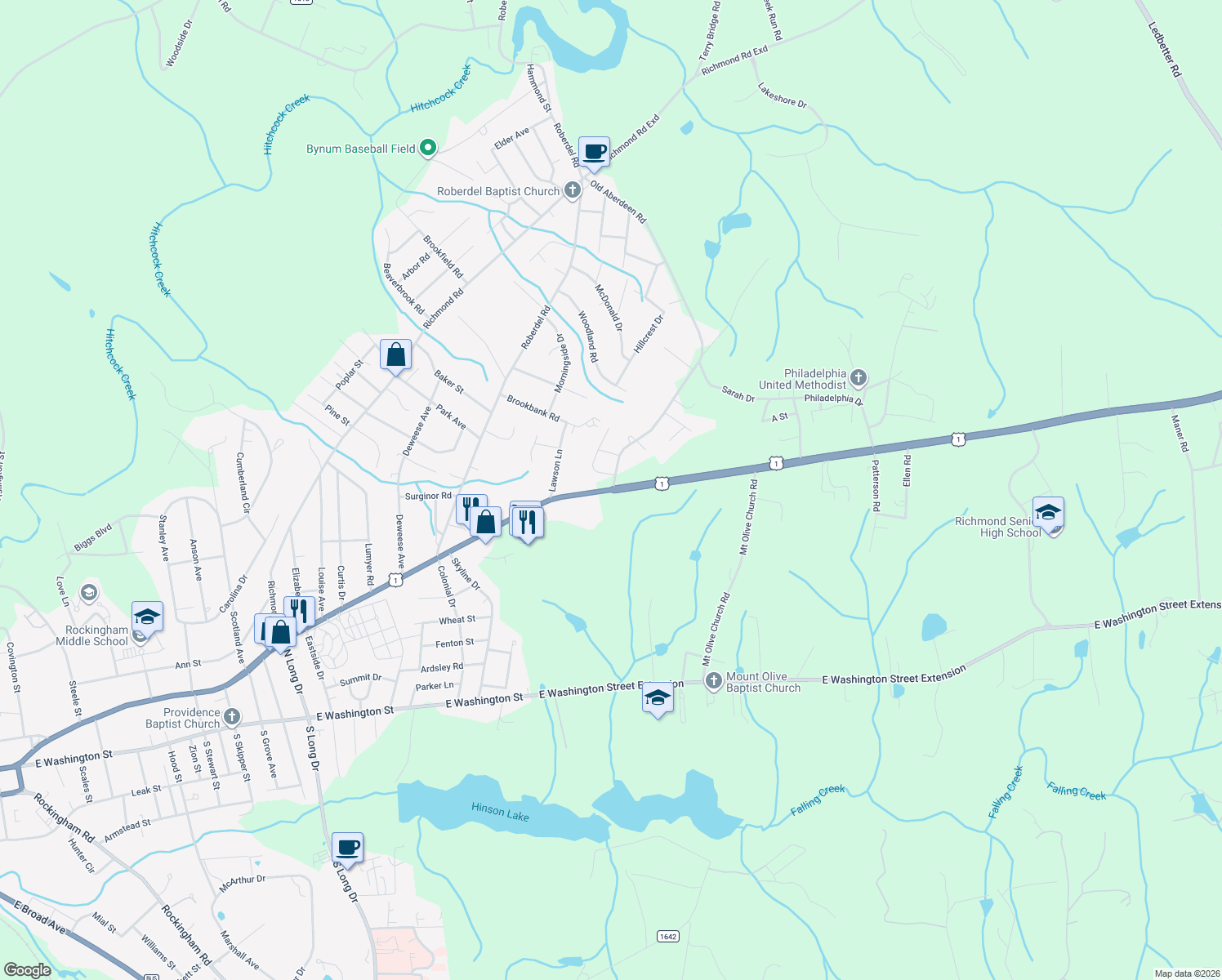 map of restaurants, bars, coffee shops, grocery stores, and more near U.S. 1 in Rockingham