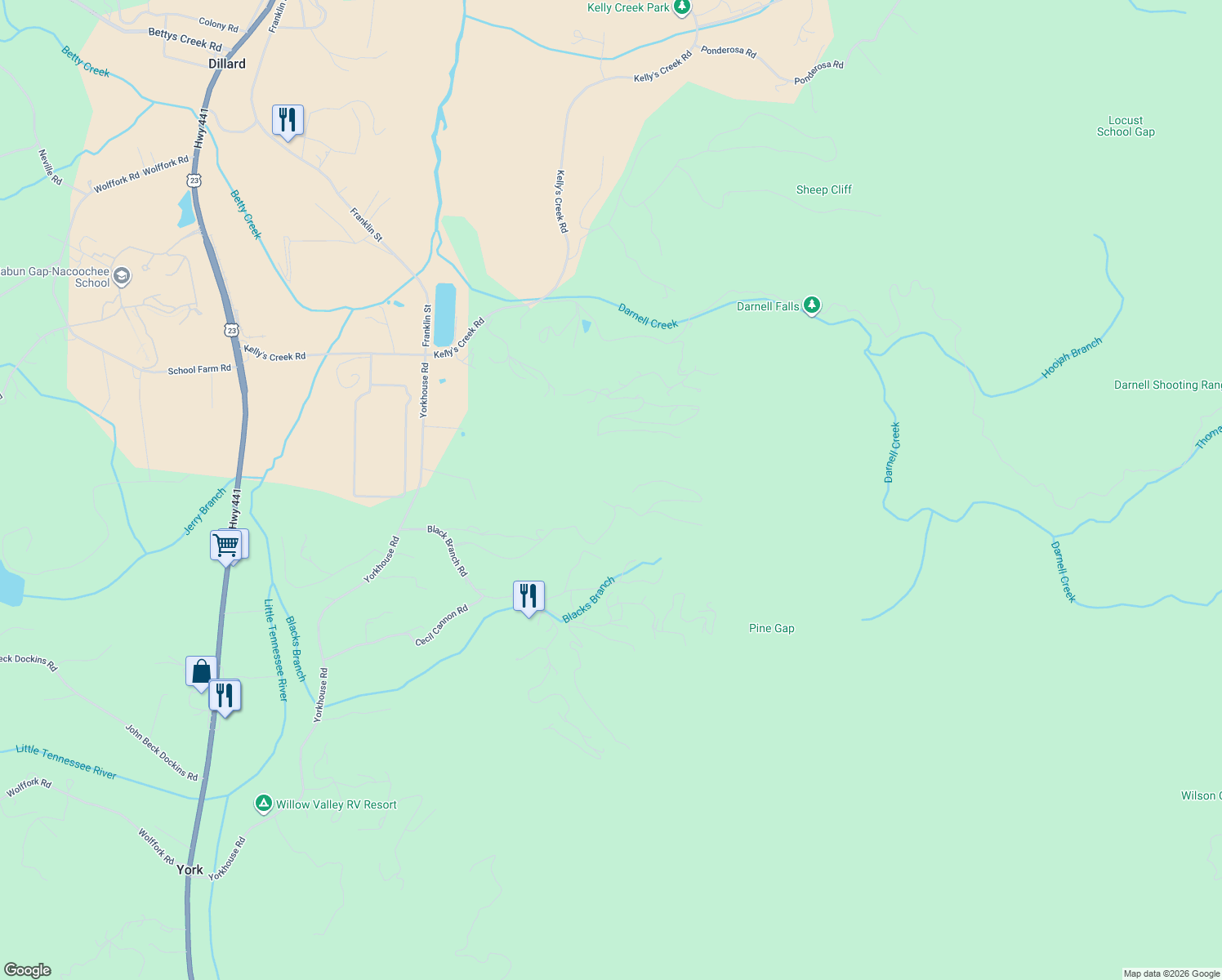 map of restaurants, bars, coffee shops, grocery stores, and more near 26 Blackberry Drive in Rabun Gap