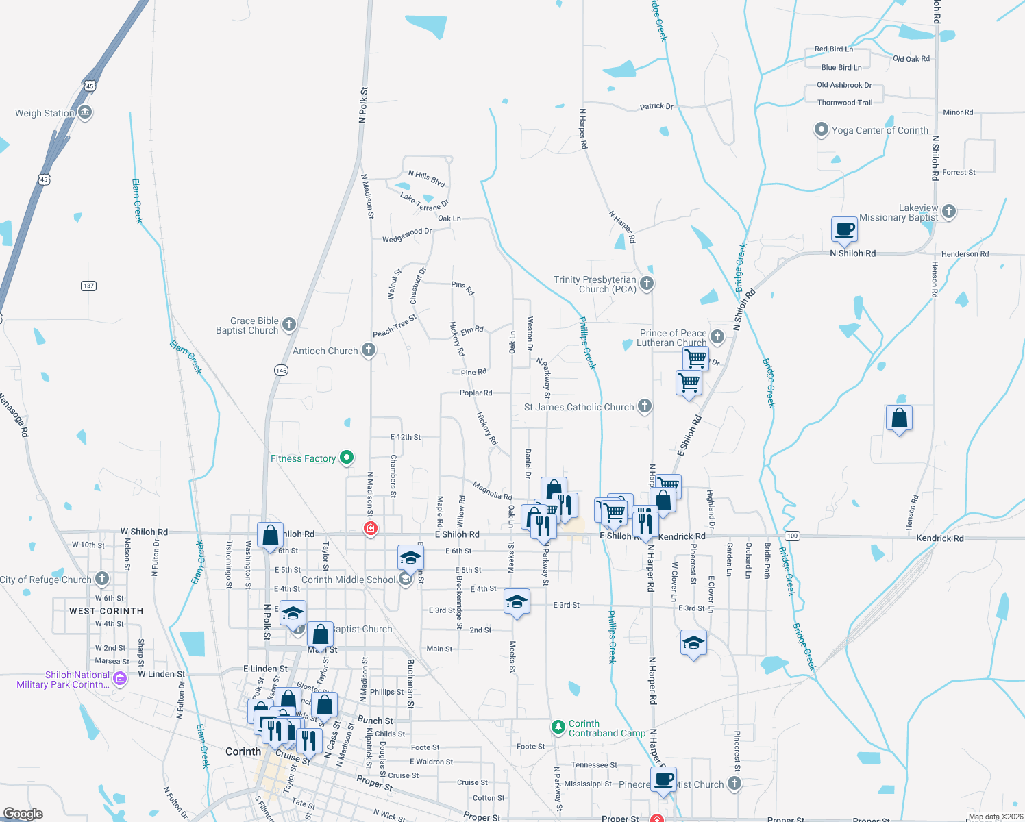 map of restaurants, bars, coffee shops, grocery stores, and more near 2051 Oak Ln in Corinth