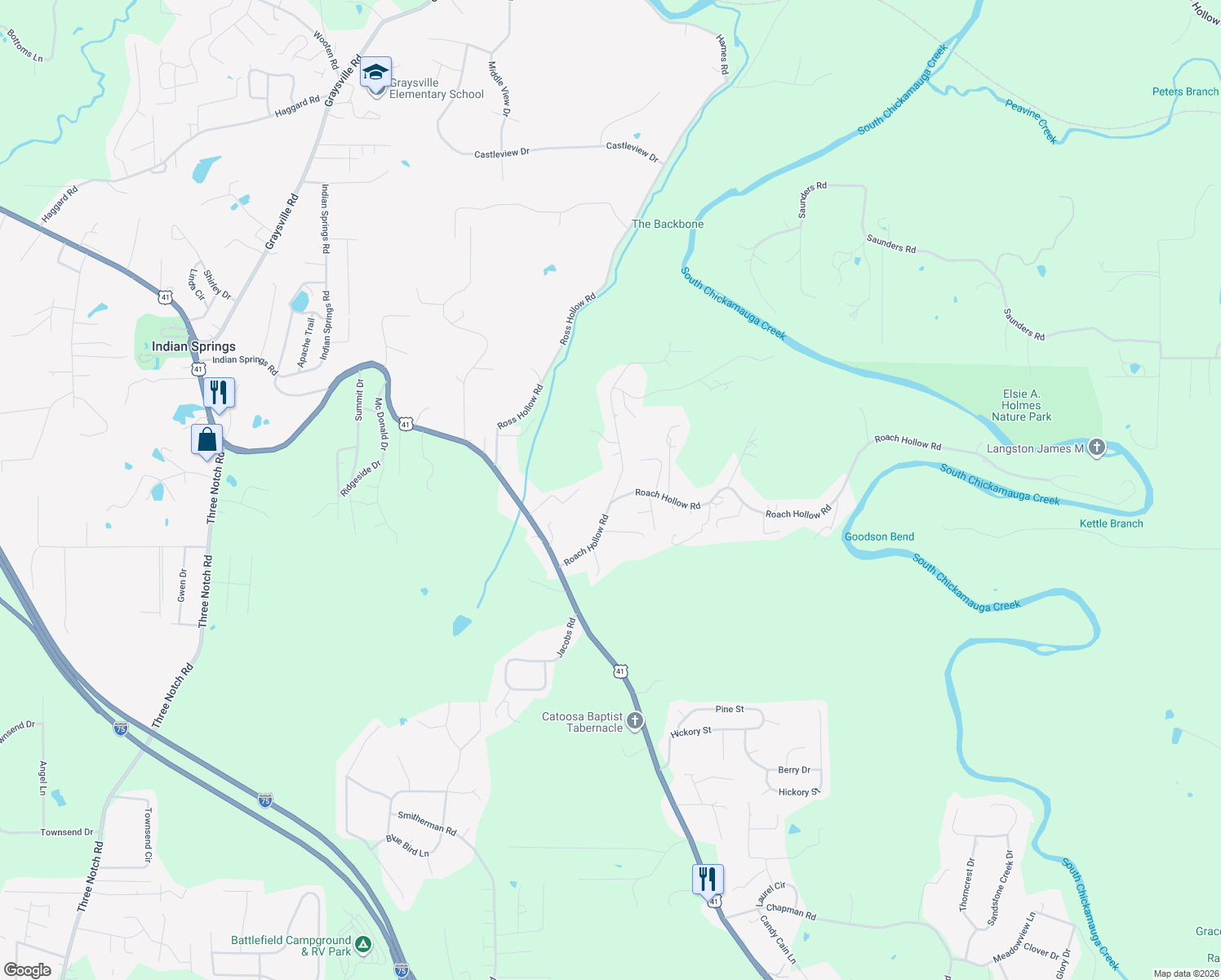 map of restaurants, bars, coffee shops, grocery stores, and more near 37 Anderson Road in Ringgold