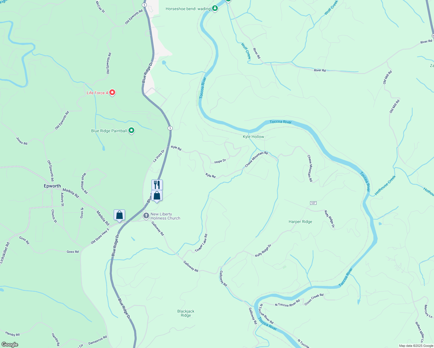 map of restaurants, bars, coffee shops, grocery stores, and more near Chase Mountain Road in Blue Ridge
