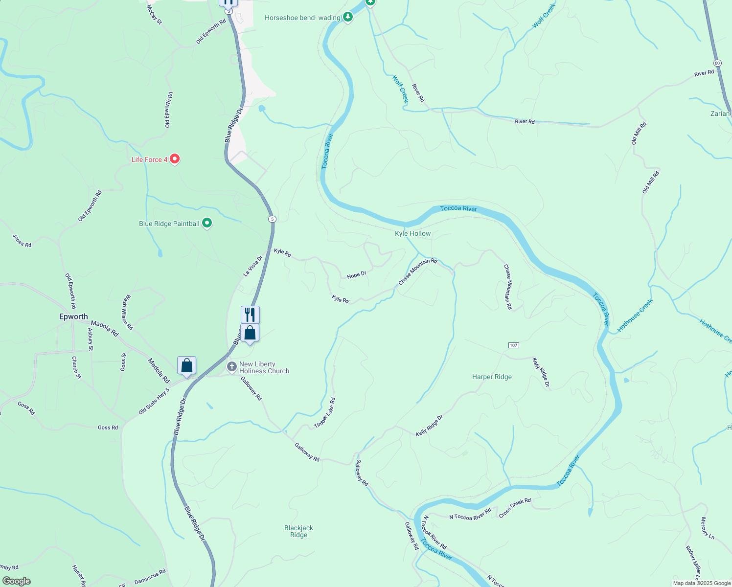 map of restaurants, bars, coffee shops, grocery stores, and more near 68 Shalom View in Blue Ridge