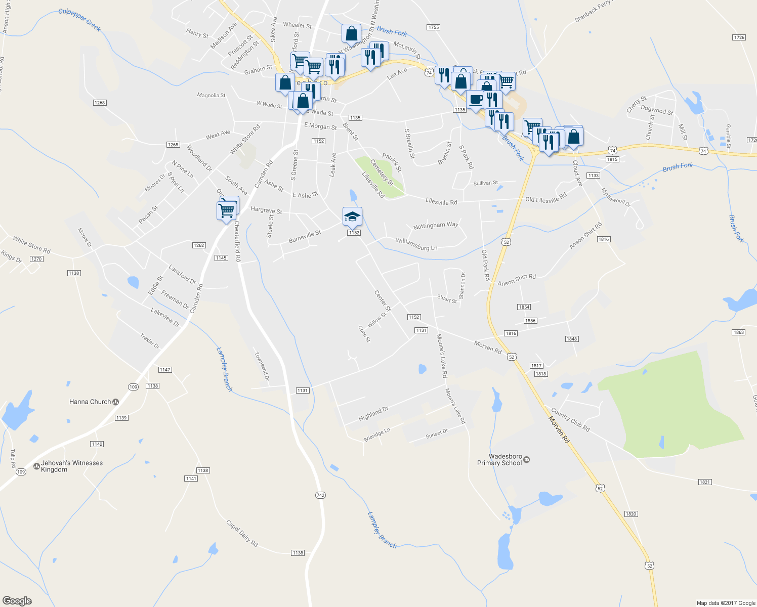 map of restaurants, bars, coffee shops, grocery stores, and more near 1308 Center Street in Wadesboro