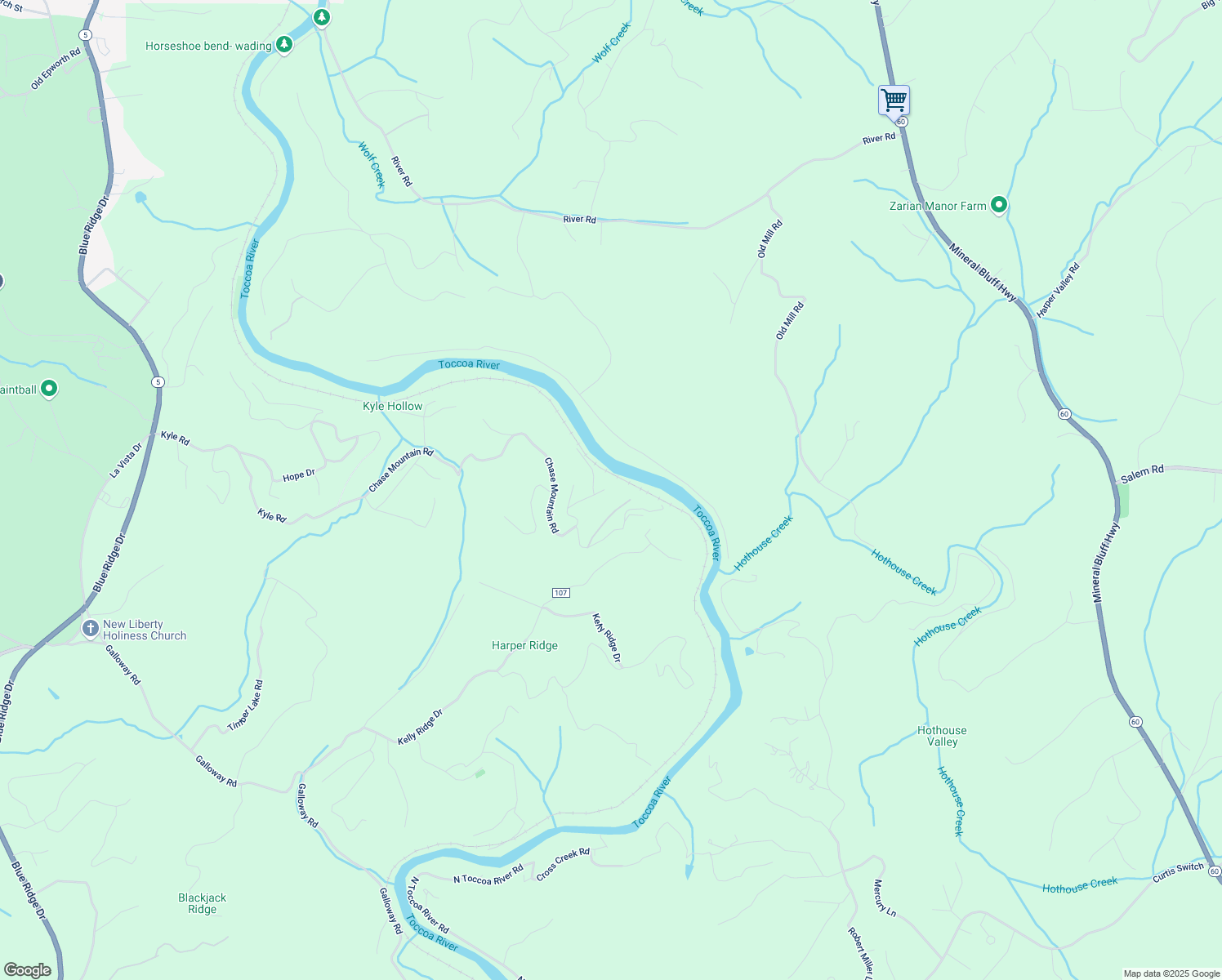 map of restaurants, bars, coffee shops, grocery stores, and more near 76 Fish Trap Road in Blue Ridge