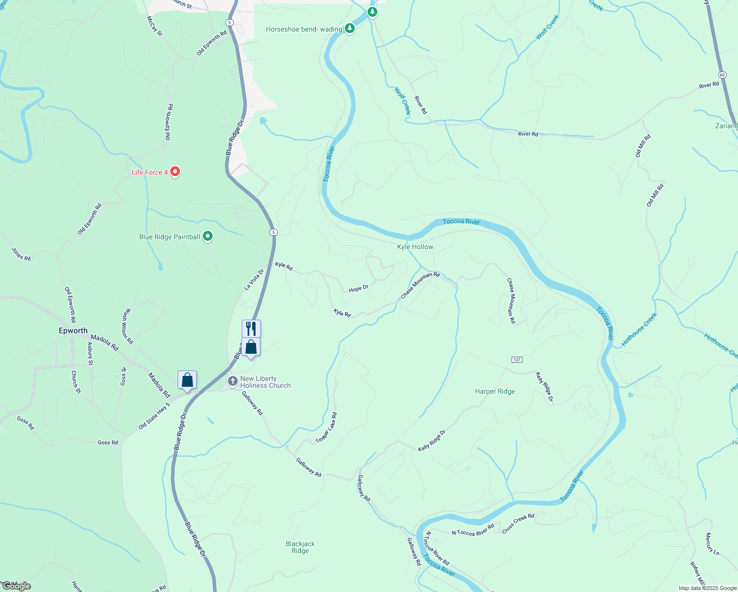 map of restaurants, bars, coffee shops, grocery stores, and more near 68 Shalom View in Blue Ridge