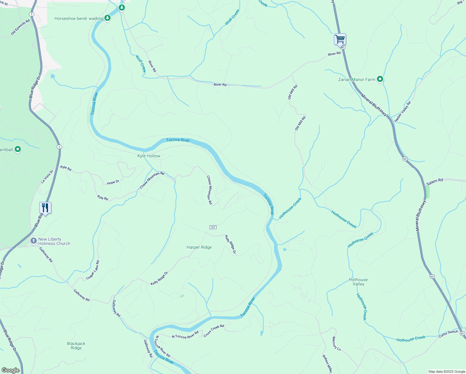 map of restaurants, bars, coffee shops, grocery stores, and more near 76 Fish Trap Road in Blue Ridge