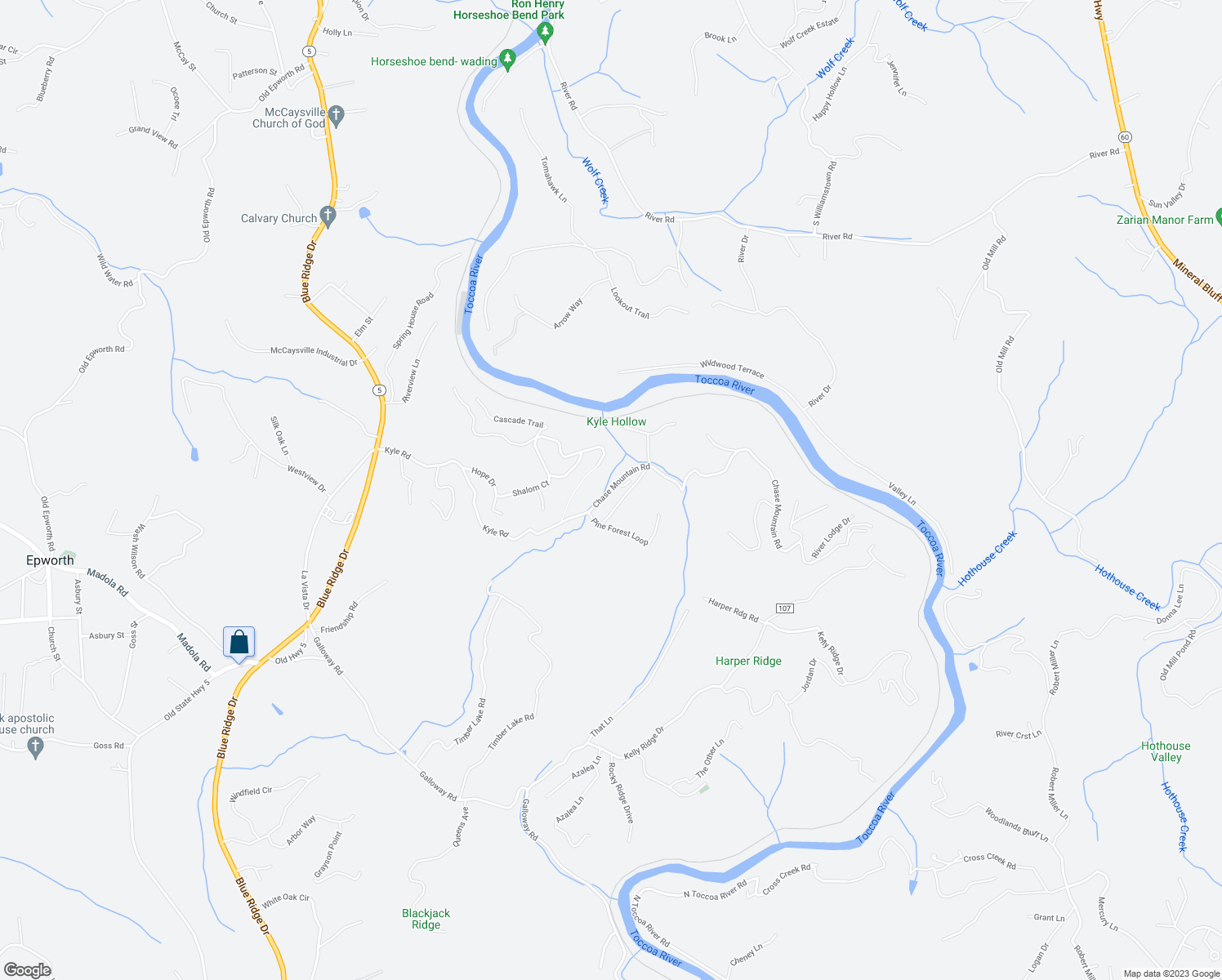 map of restaurants, bars, coffee shops, grocery stores, and more near Chase Mountain Road in Blue Ridge