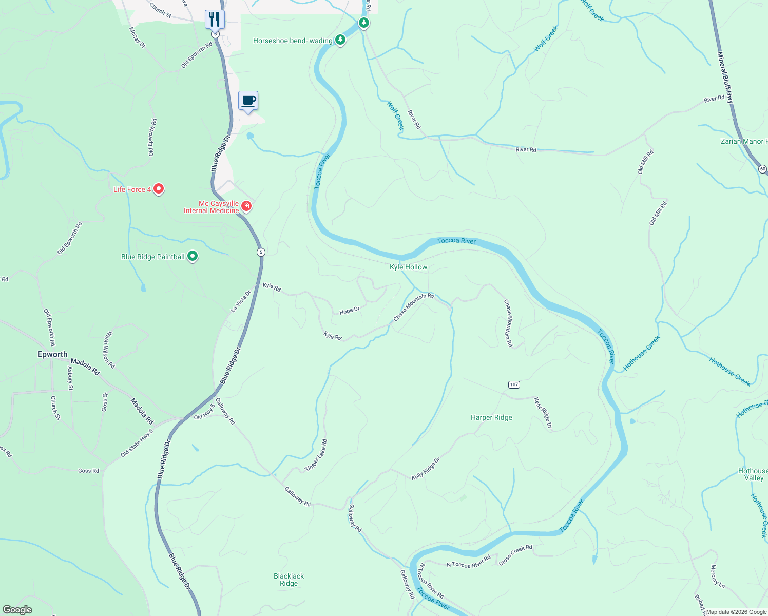 map of restaurants, bars, coffee shops, grocery stores, and more near 710 Chase Mount in Blue Ridge