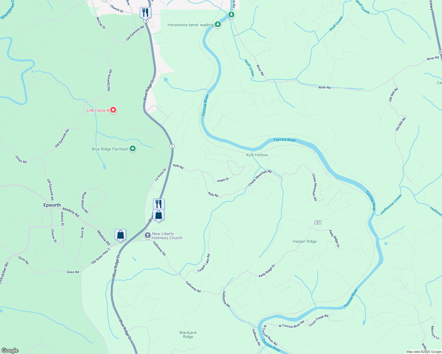 map of restaurants, bars, coffee shops, grocery stores, and more near 171 Hope Drive in Blue Ridge