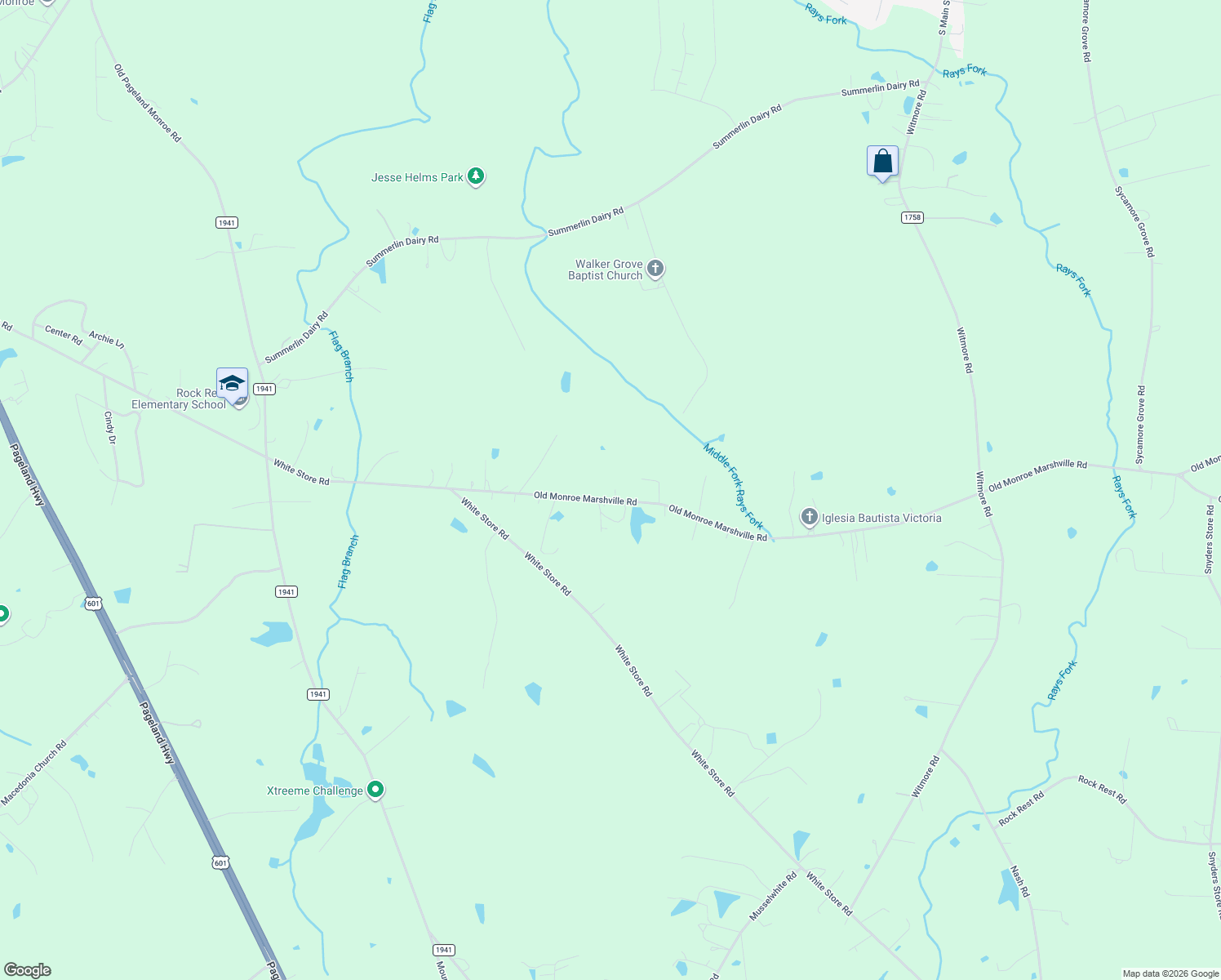 map of restaurants, bars, coffee shops, grocery stores, and more near 3009 Old Monroe Marshville Road in Wingate