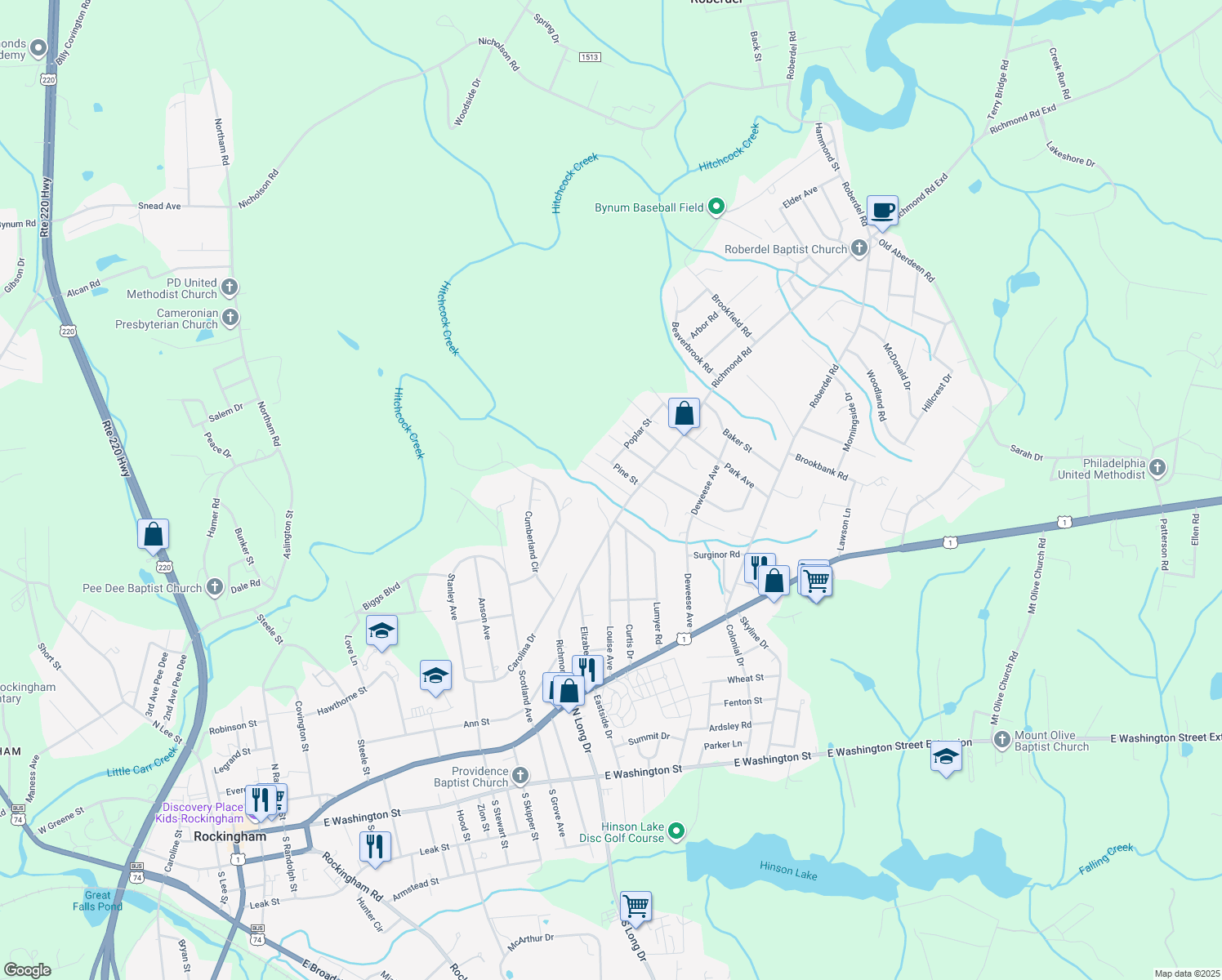 map of restaurants, bars, coffee shops, grocery stores, and more near 1708 Plum Nelly Road in Rockingham