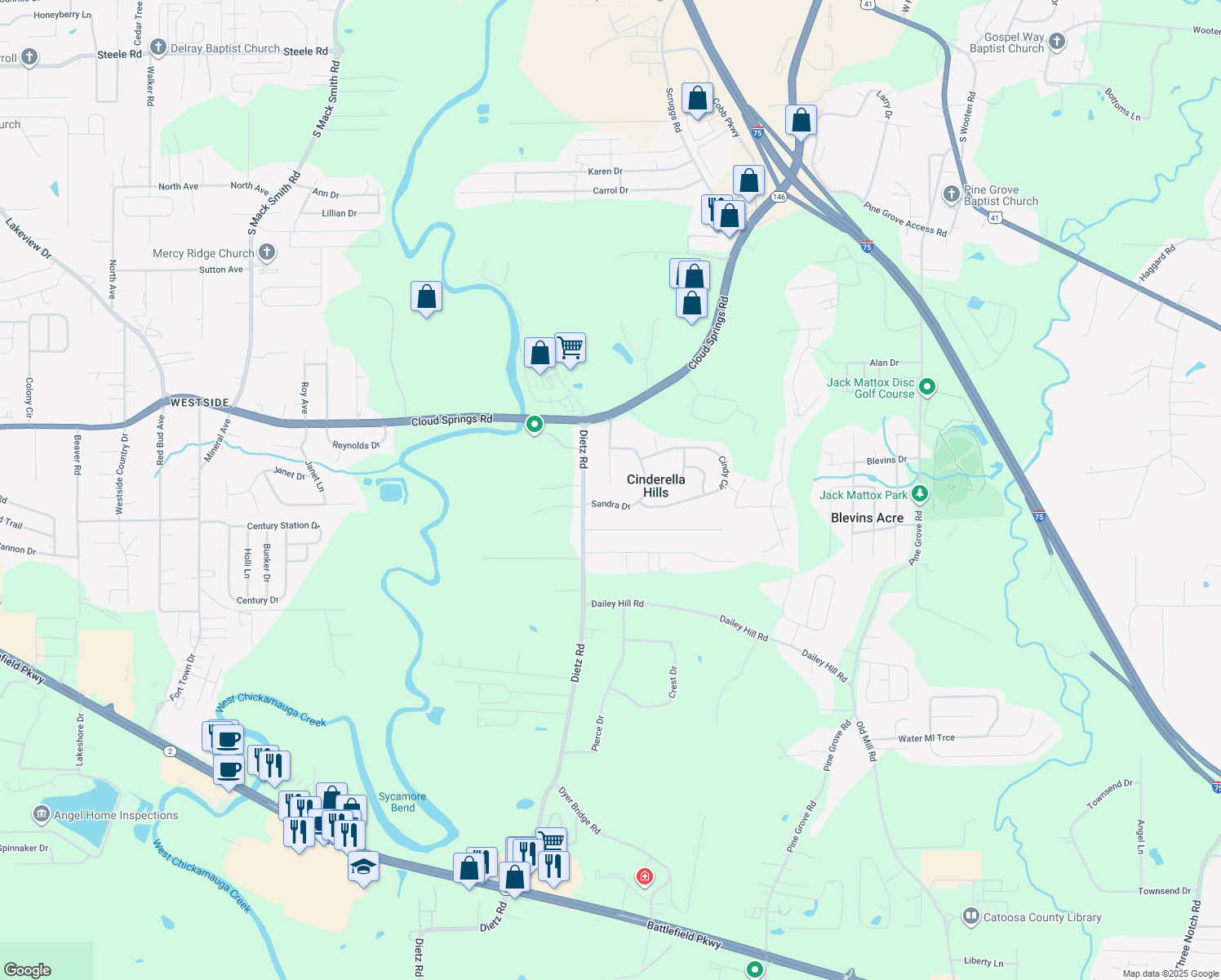 map of restaurants, bars, coffee shops, grocery stores, and more near 198 Cinderella Drive in Ringgold
