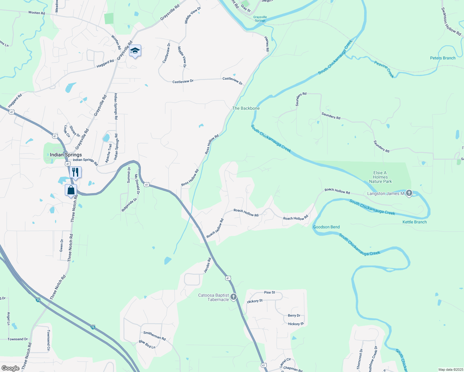 map of restaurants, bars, coffee shops, grocery stores, and more near 226 Anderson Road in Ringgold