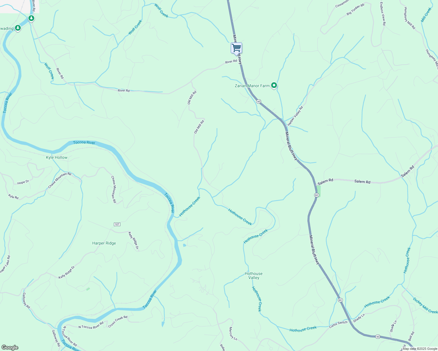 map of restaurants, bars, coffee shops, grocery stores, and more near 94 Old Shadwick Place Road in Mineral Bluff