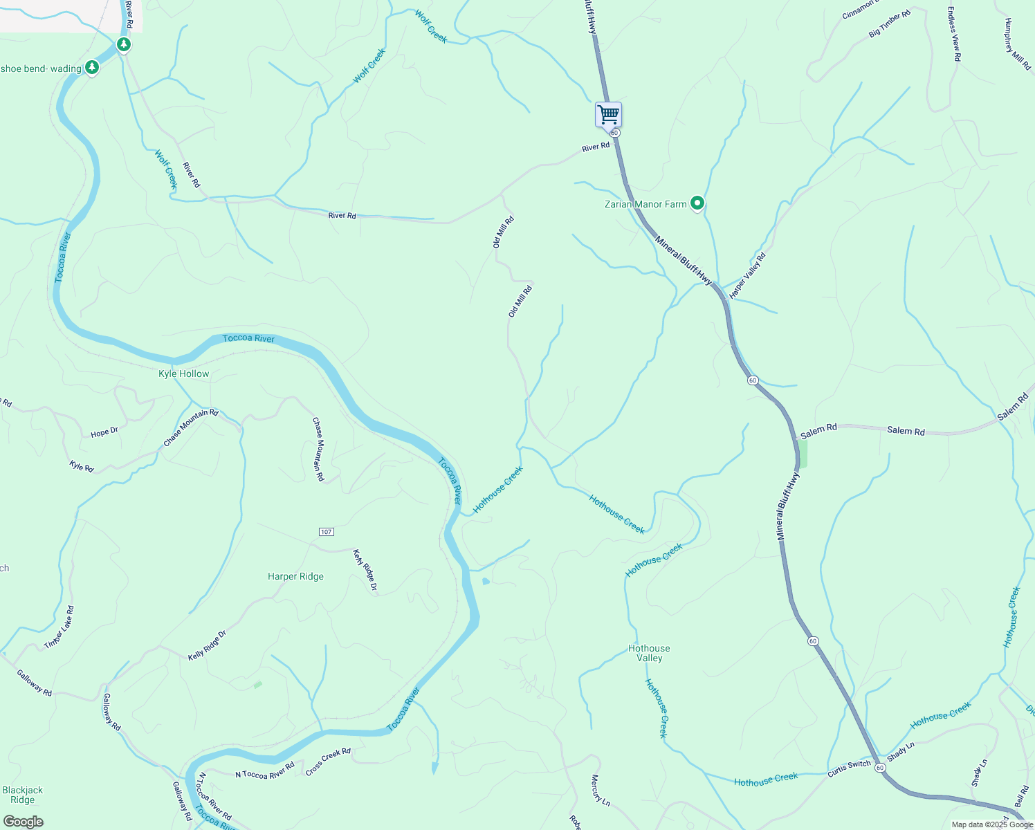 map of restaurants, bars, coffee shops, grocery stores, and more near 942 Old Mill Road in Mineral Bluff