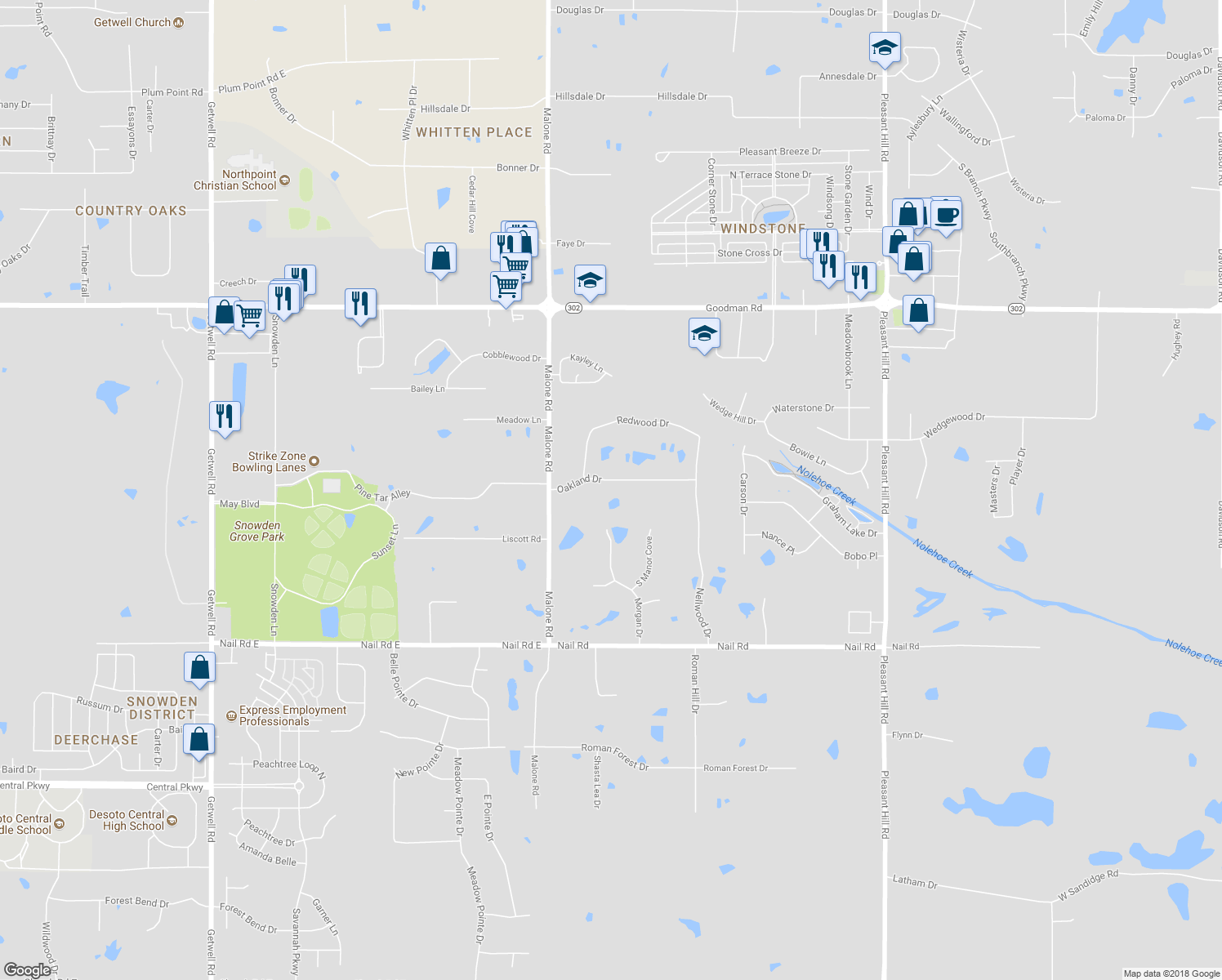 map of restaurants, bars, coffee shops, grocery stores, and more near 4185 Oakland Drive in Olive Branch