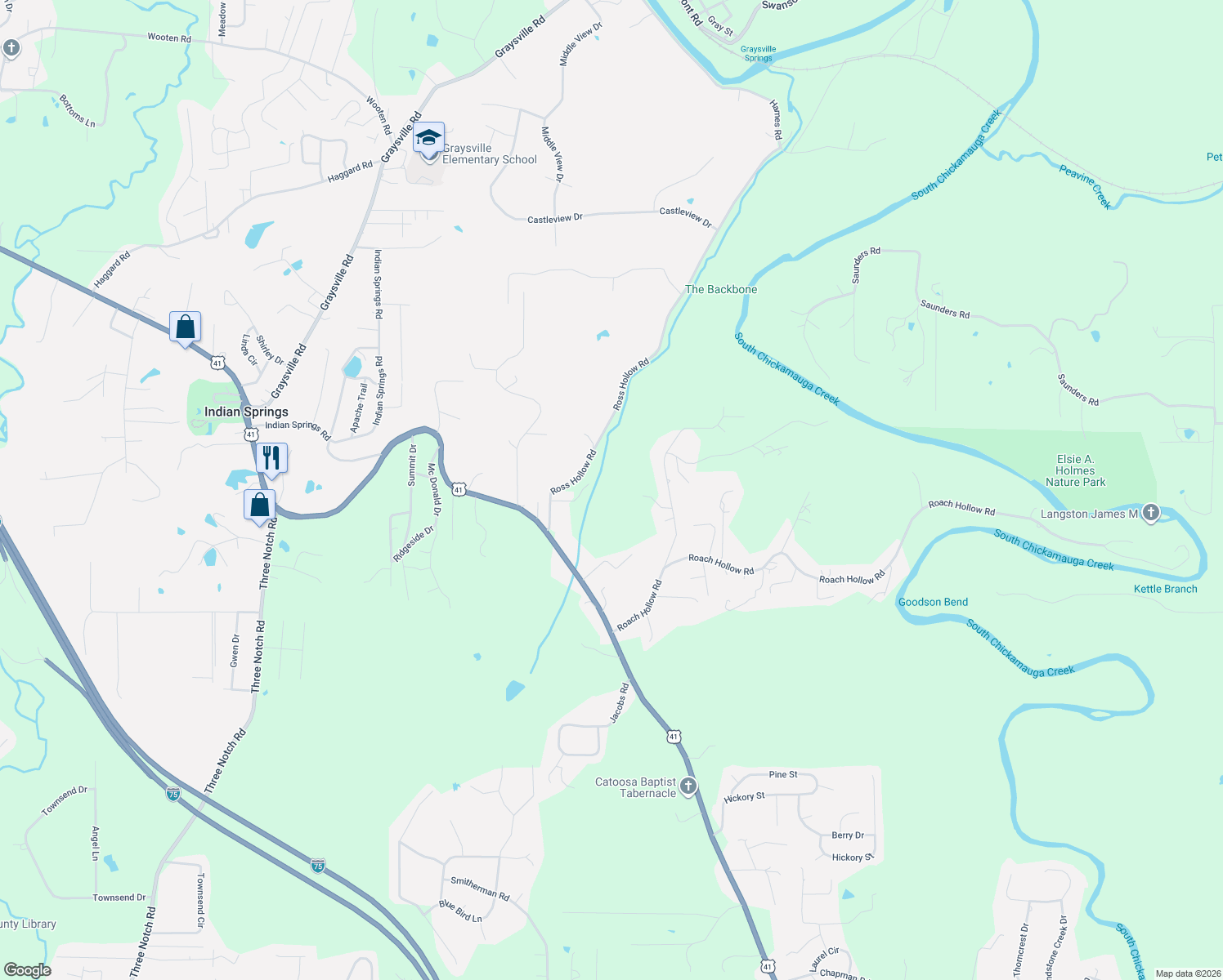 map of restaurants, bars, coffee shops, grocery stores, and more near 132 Cindy Lane in Ringgold