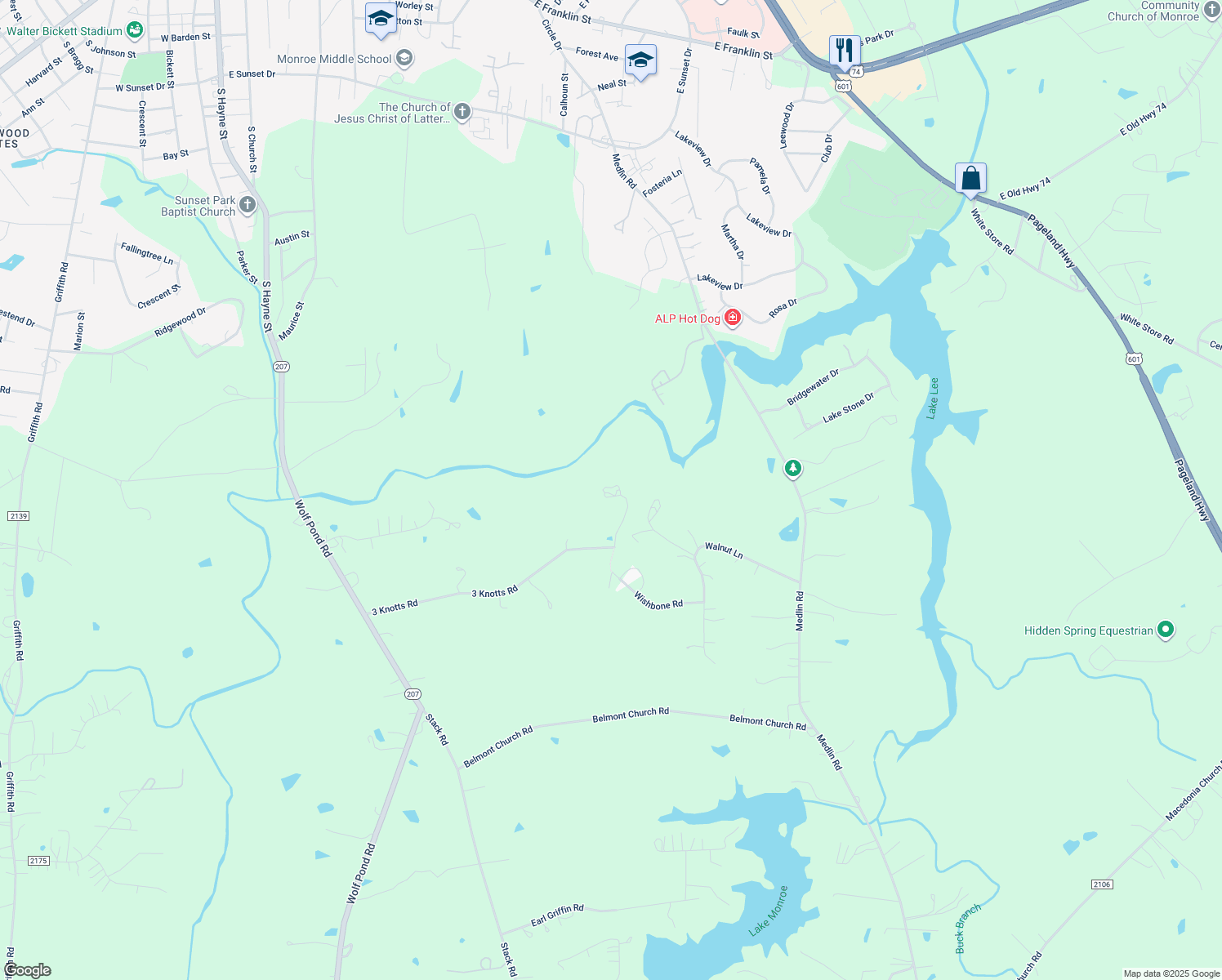 map of restaurants, bars, coffee shops, grocery stores, and more near 431 3 Knotts Road in Monroe