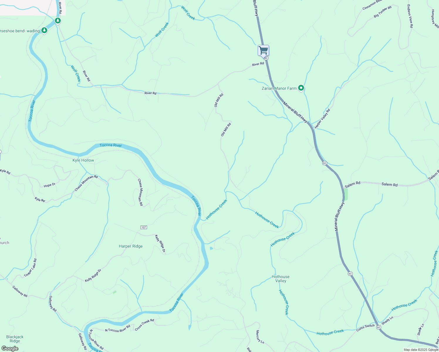 map of restaurants, bars, coffee shops, grocery stores, and more near 942 Old Mill Road in Mineral Bluff