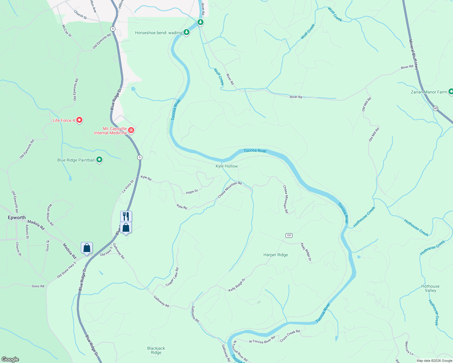 map of restaurants, bars, coffee shops, grocery stores, and more near 710 Chase Mountain Road in Blue Ridge