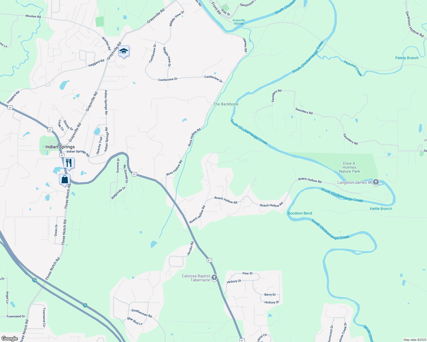 map of restaurants, bars, coffee shops, grocery stores, and more near 226 Anderson Road in Ringgold