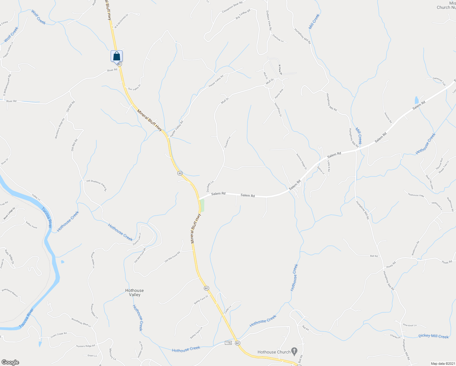 map of restaurants, bars, coffee shops, grocery stores, and more near 170 Dockery Lane in Mineral Bluff