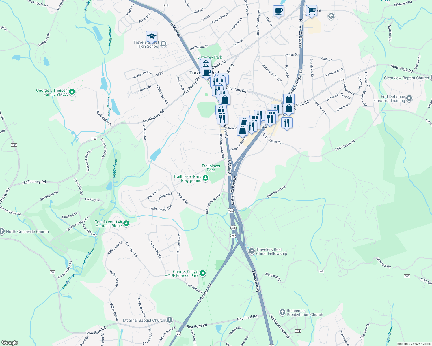 map of restaurants, bars, coffee shops, grocery stores, and more near 115 Wilhelm Winter Street in Travelers Rest