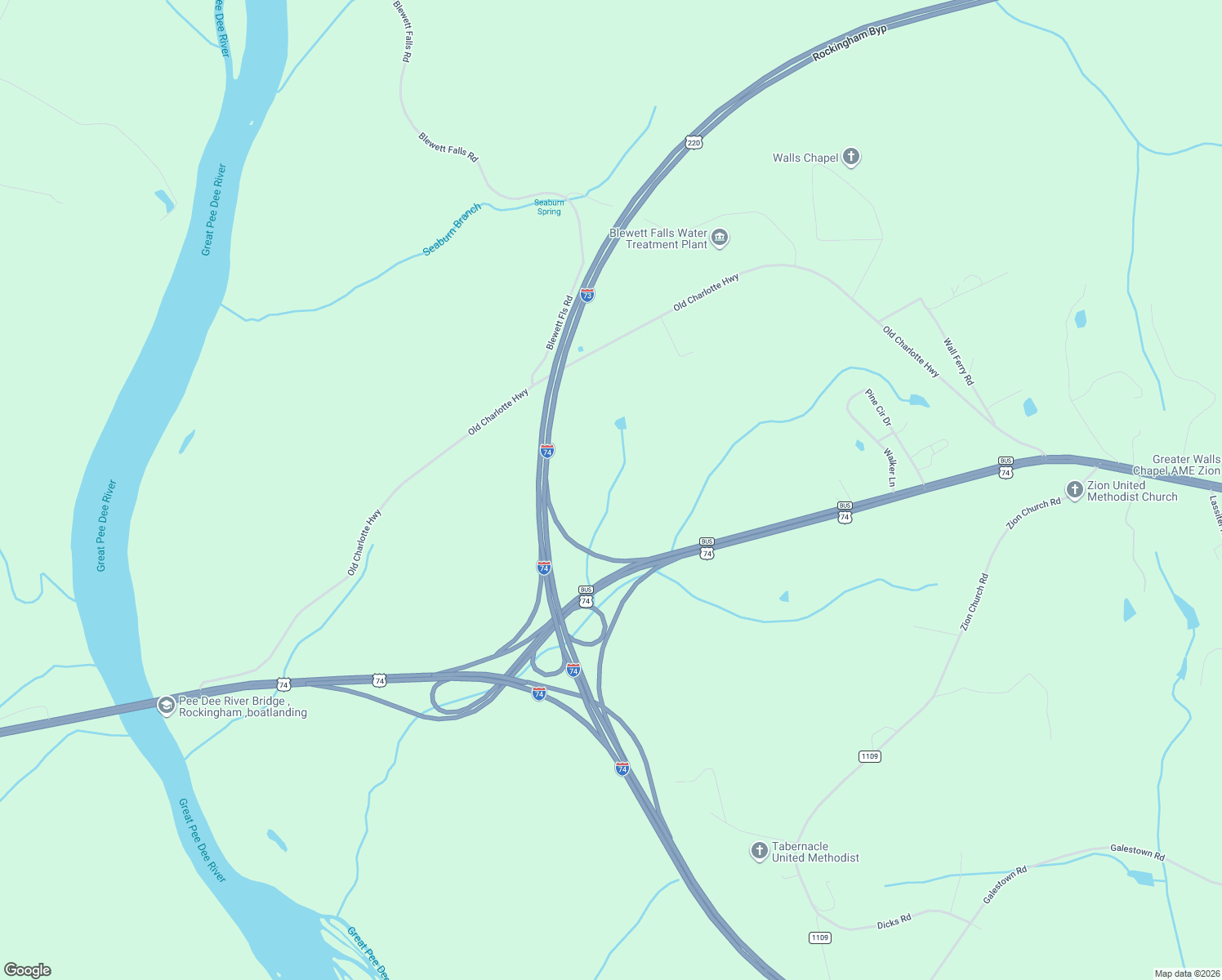 map of restaurants, bars, coffee shops, grocery stores, and more near 457 Old Charlotte Highway in Rockingham